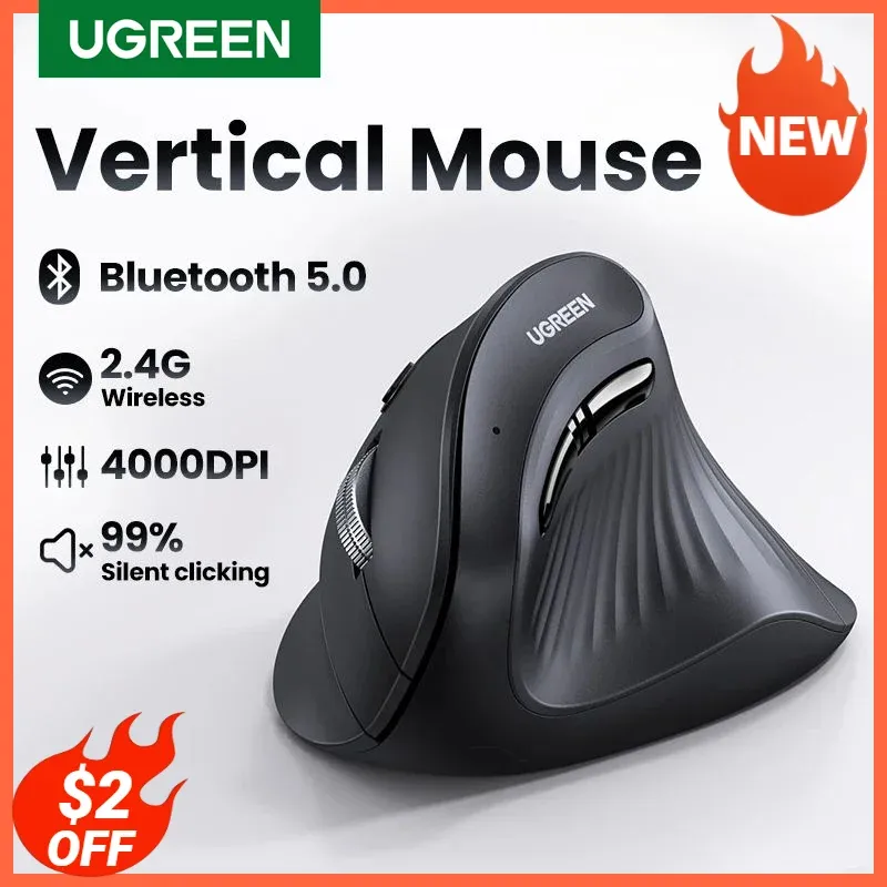 [Taxa Inclusa] Mouse Vertical Sem Fio Ugreen, Bluetooth 5.0, 2.4g, Ergonmico 4000dpi, 6 Botes Mudo